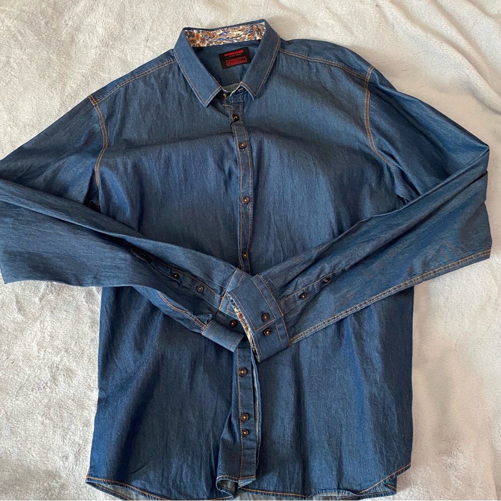 Jared Lang slim-fit denim shirt with contrast pattern inside the collar , cuffs